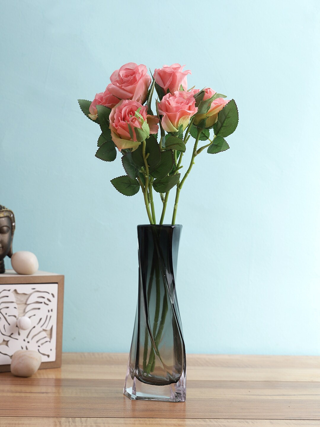 

TAYHAA Set Of 2 Pink & Green Textured Artificial Rose Flowers