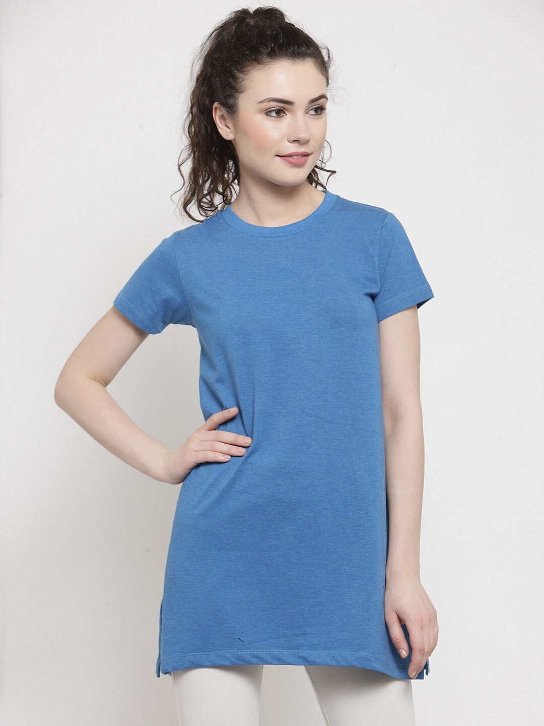 

Kalt Women Blue Solid Round Neck Cotton Blend Tunic