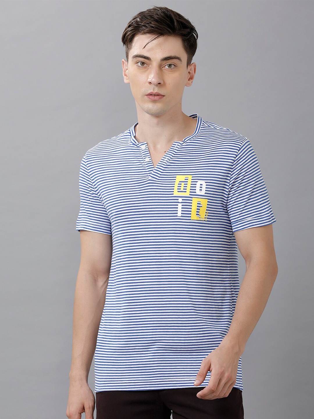 

CP BRO Men Blue & Yellow Striped Henley Neck Slim Fit T-shirt