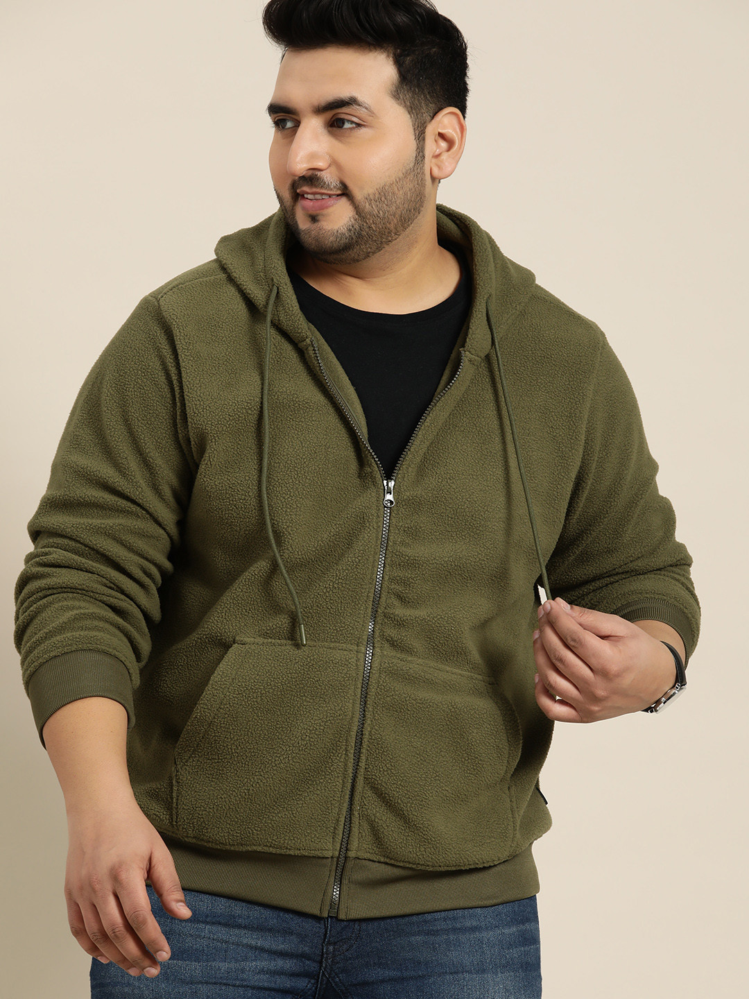 

Sztori Men Plus Size Olive Green Fleece Hooded Sweatshirt