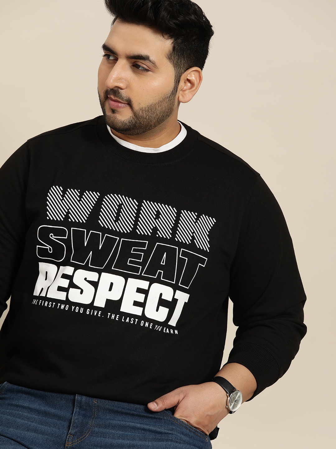 

Sztori Men Plus Size Black & White Printed Sweatshirt