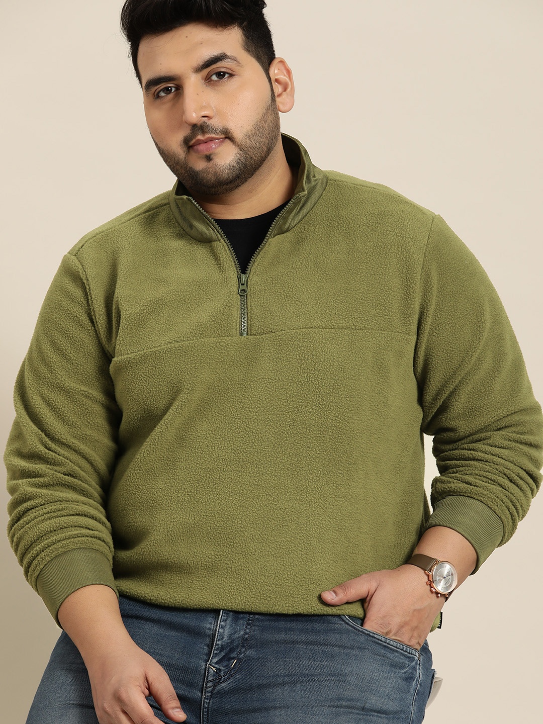 

Sztori Men Plus Size Olive Green Solid Fleece Sweatshirt