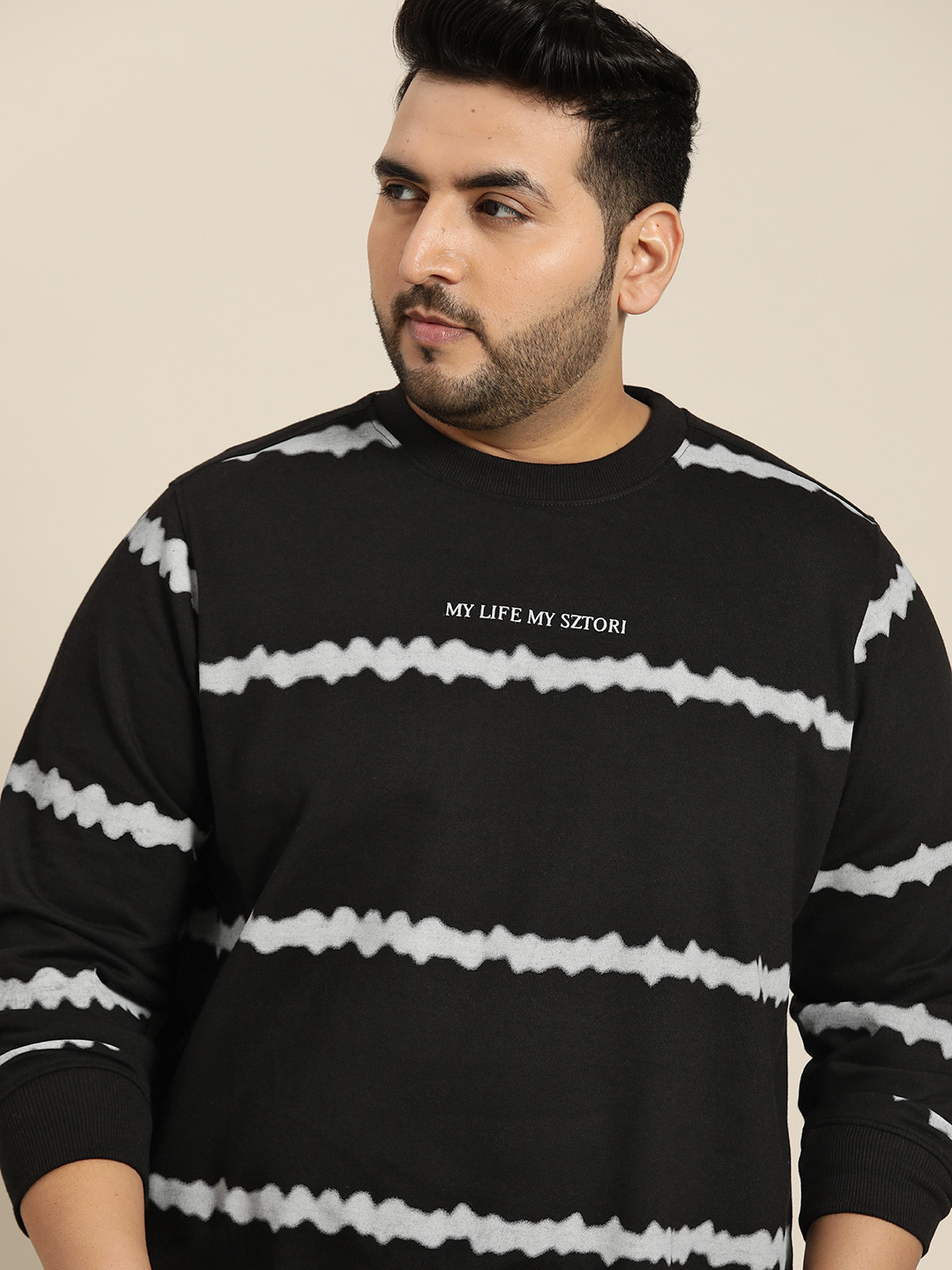

Sztori Men Plus Size Black & White Striped Sweatshirt
