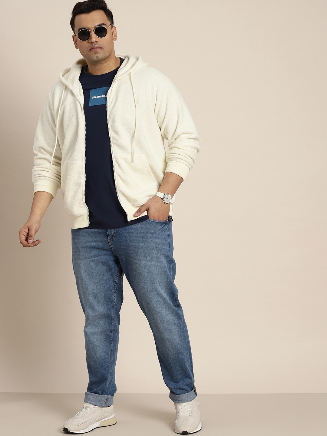 

Sztori Men Plus Size Fleece Solid Hooded Sweatshirt, Off white