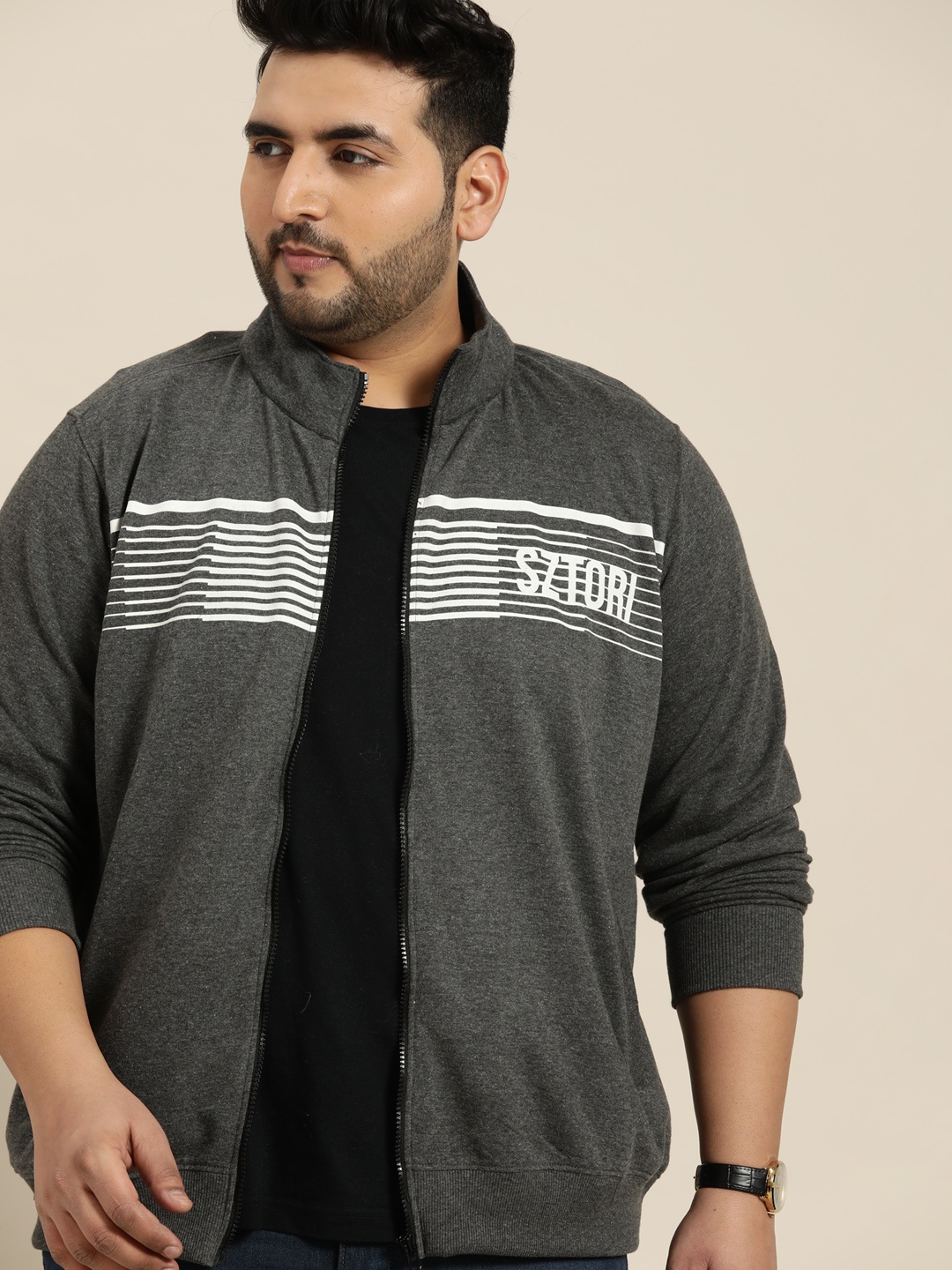 

Sztori Men Plus Size Charcoal Grey Printed Sweatshirt