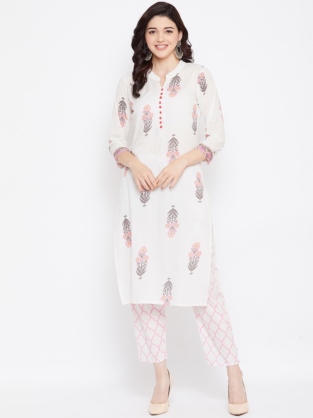 

AgrohA Women White Floral Printed Pure Cotton Kurta with Trousers