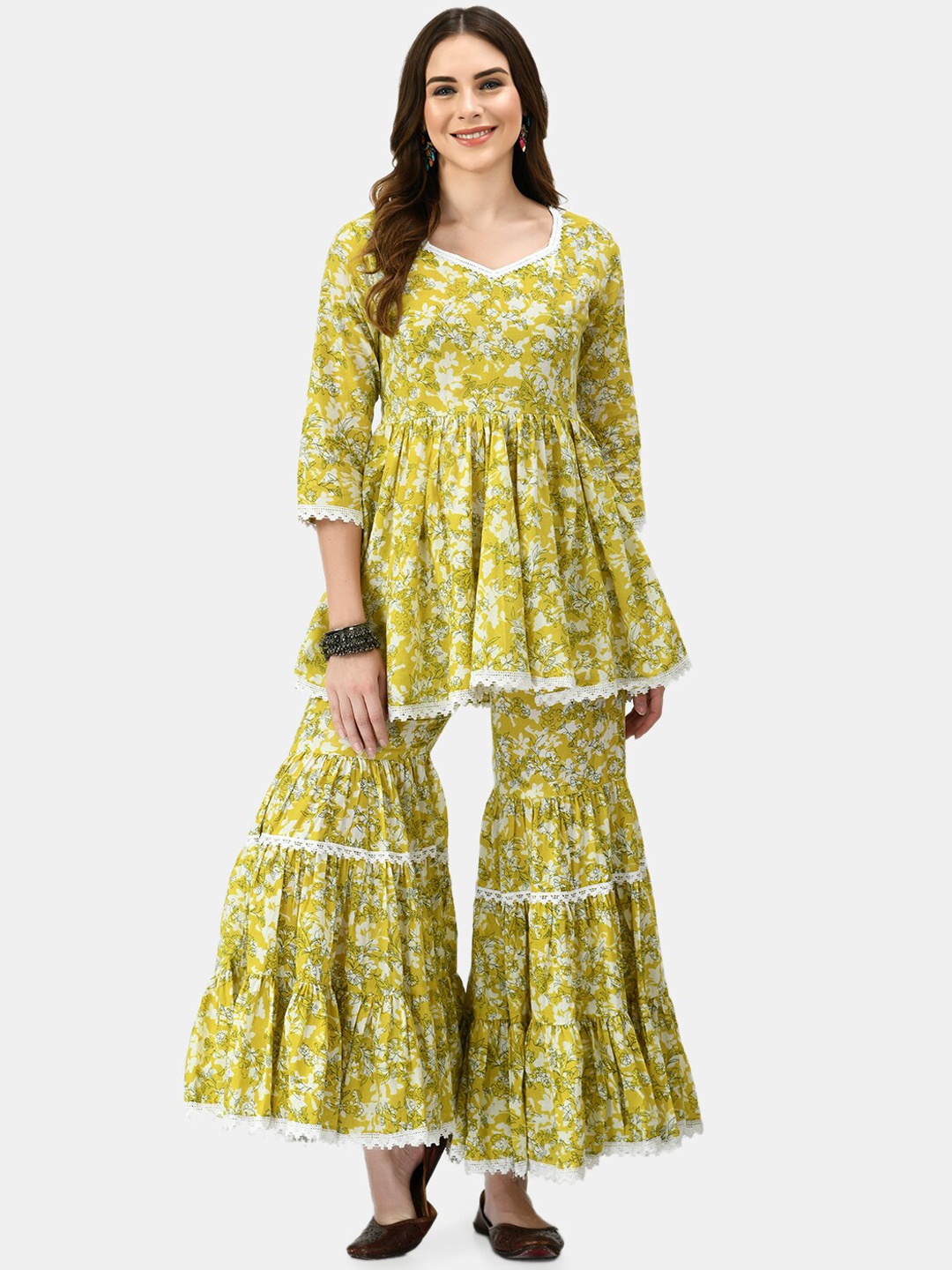 

MAFE Women Mustard Yellow Printed Empire Pure Cotton Kurta with Sharara & Dupatta