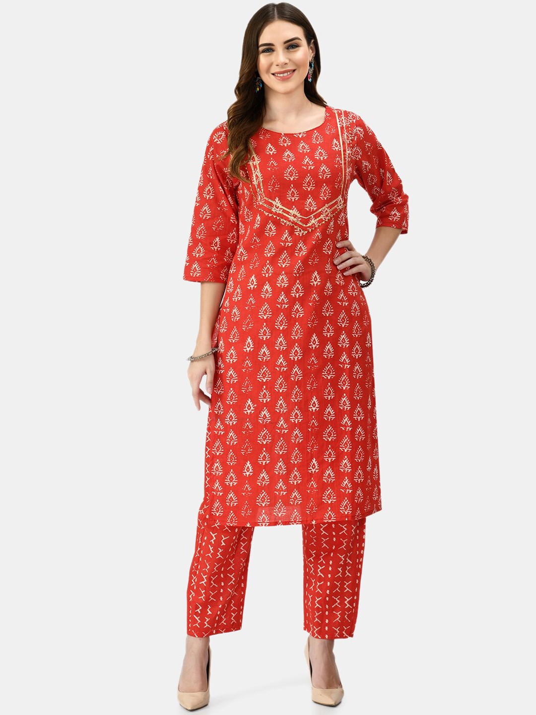 

MAFE Women Red Ethnic Motifs Printed Pure Cotton Kurta with Trousers & With Dupatta