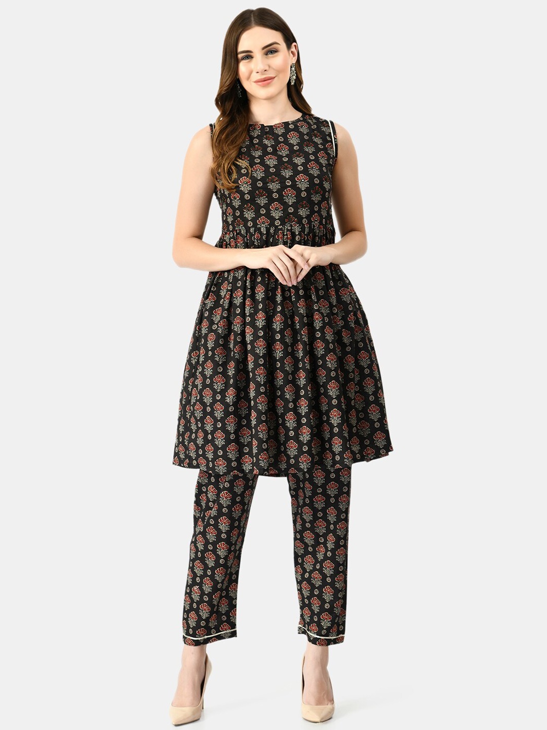 

MAFE Women Pink Ethnic Motifs Printed Empire Pure Cotton Kurti with Trousers
