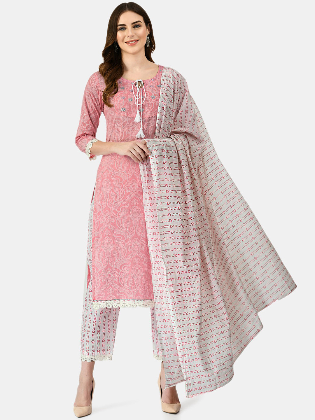 

MAFE Women Pink Pure Cotton Kurti with Trousers & With Dupatta
