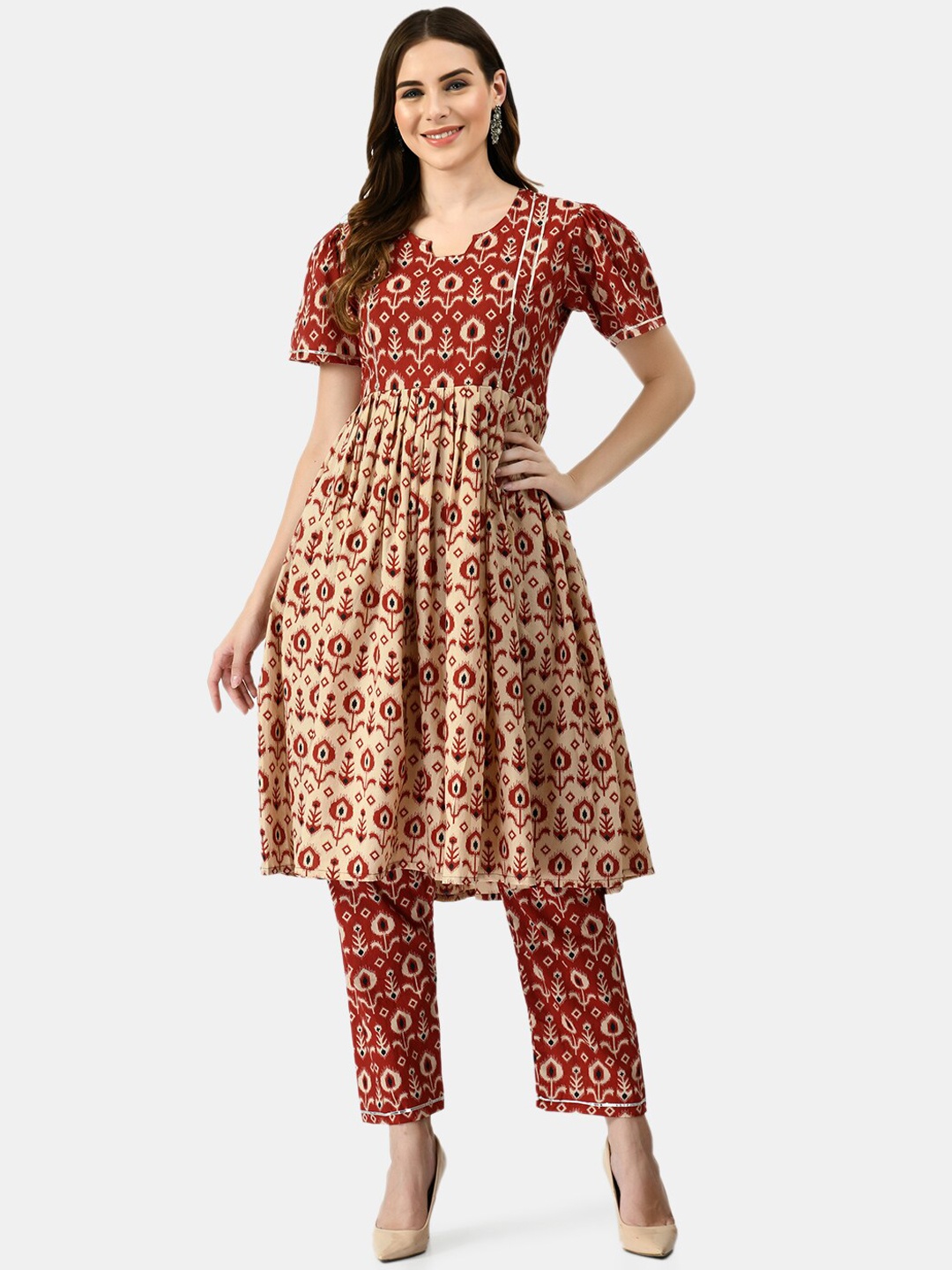 

MAFE Women Maroon Ethnic Motifs Printed Pleated Pure Cotton Kurta with Trousers