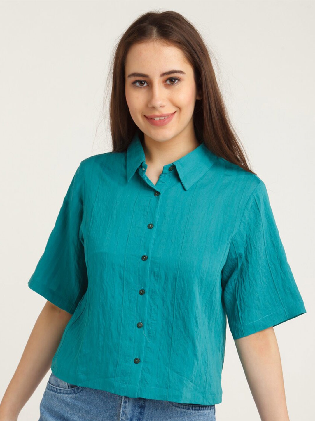 

Zink London Women Green Striped Casual Shirt