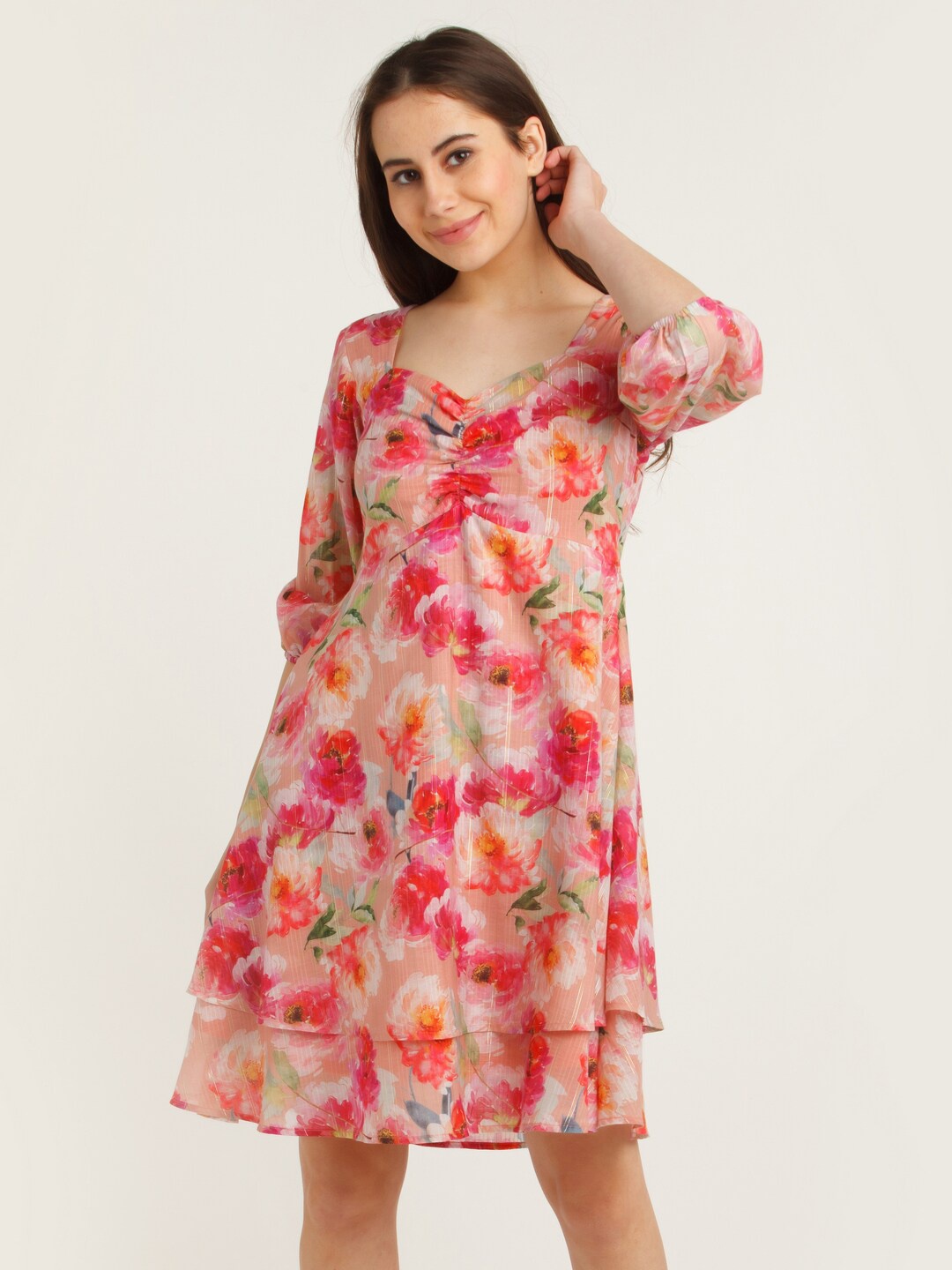 

Zink London Pink Floral Printed A-Line Dress