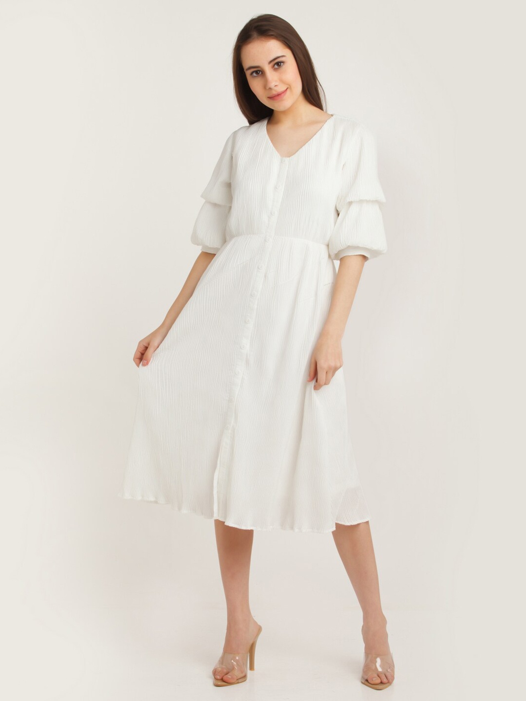 

Zink London White A-Line Solid Puff Sleeve Midi Dress