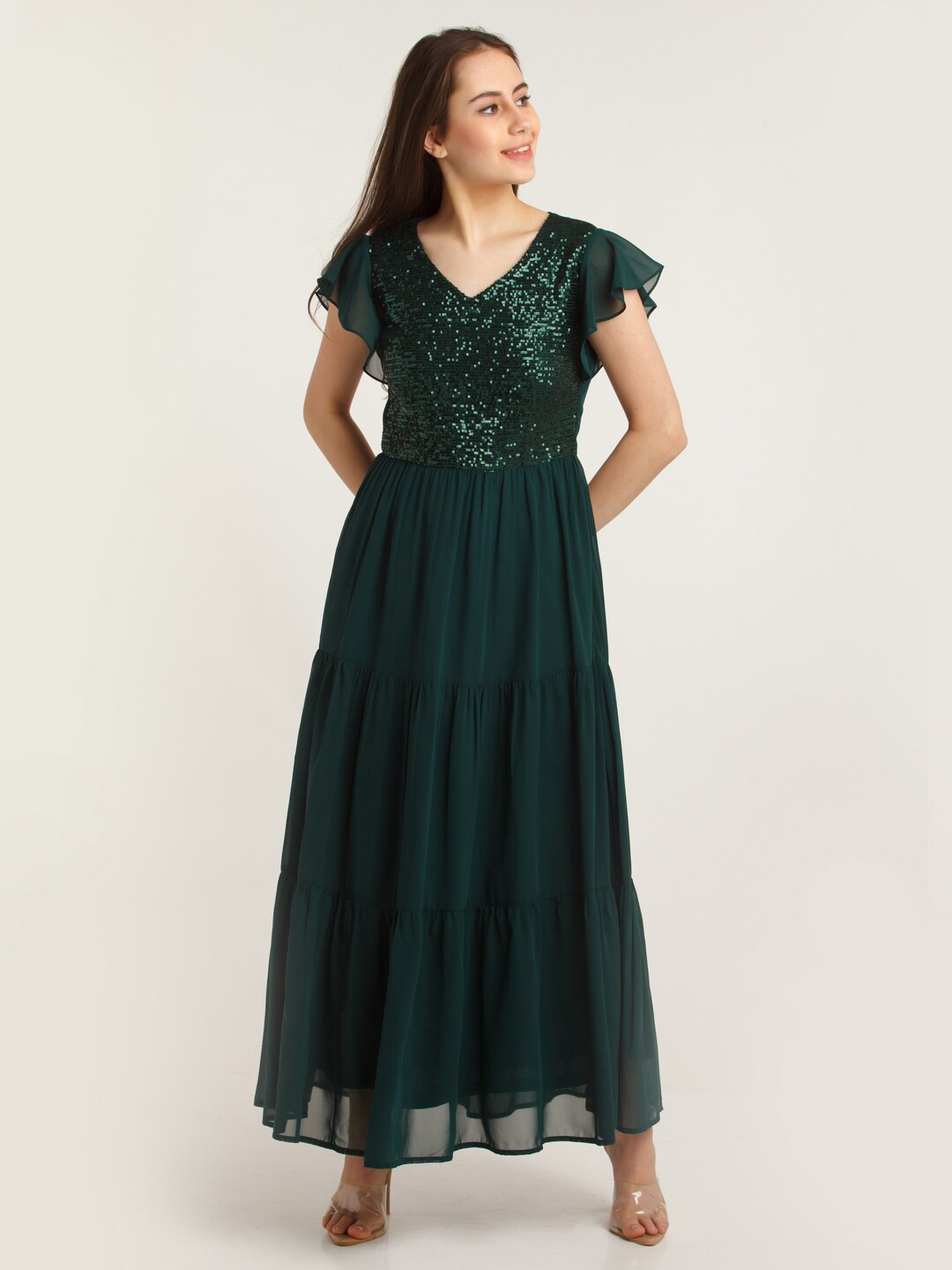 

Zink London Green Maxi Embellished Flutter Sleeves Dress