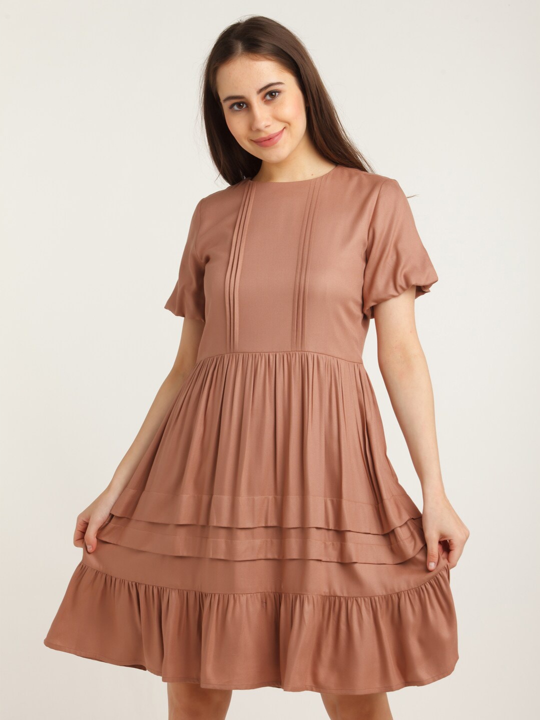 

Zink London Women's Brown Flared Layered Puff Sleeves Dress