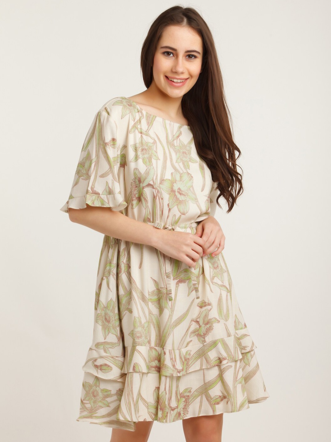 

Zink London Off White Printed Floral Layered A-Line Dress
