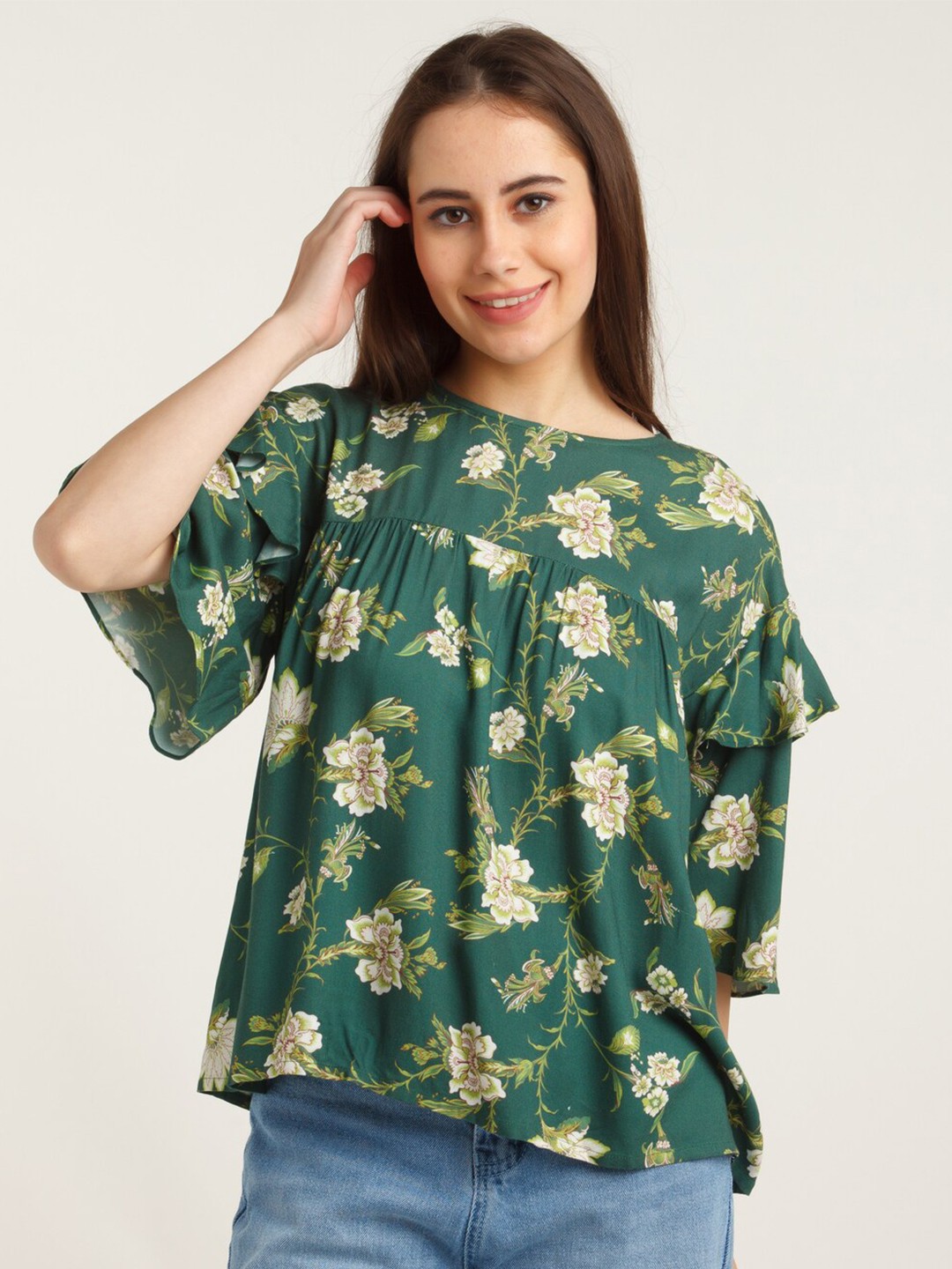 

Zink London Green Floral Print Top