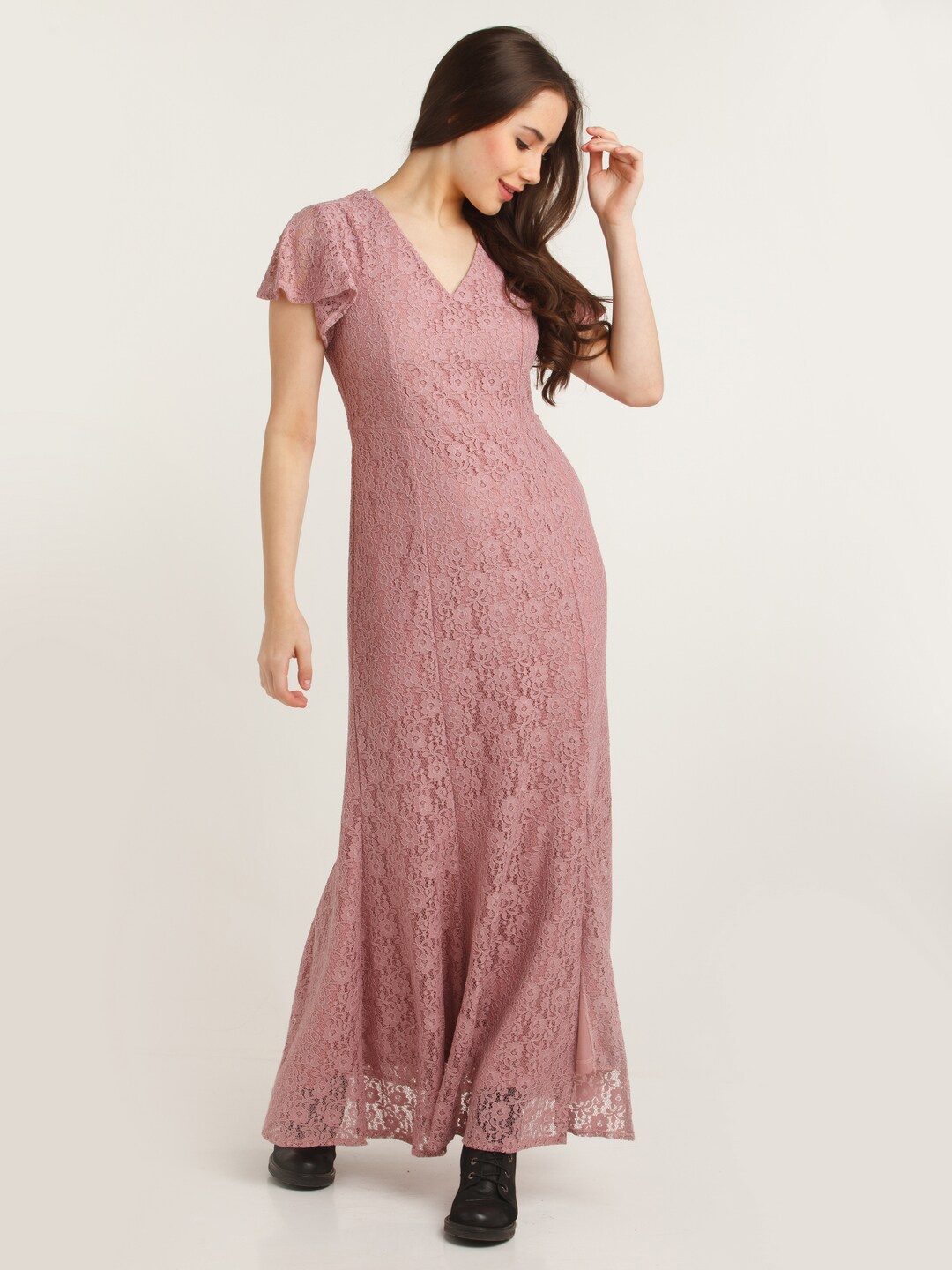 

Zink London Pink Maxi Self Design Flared Dress