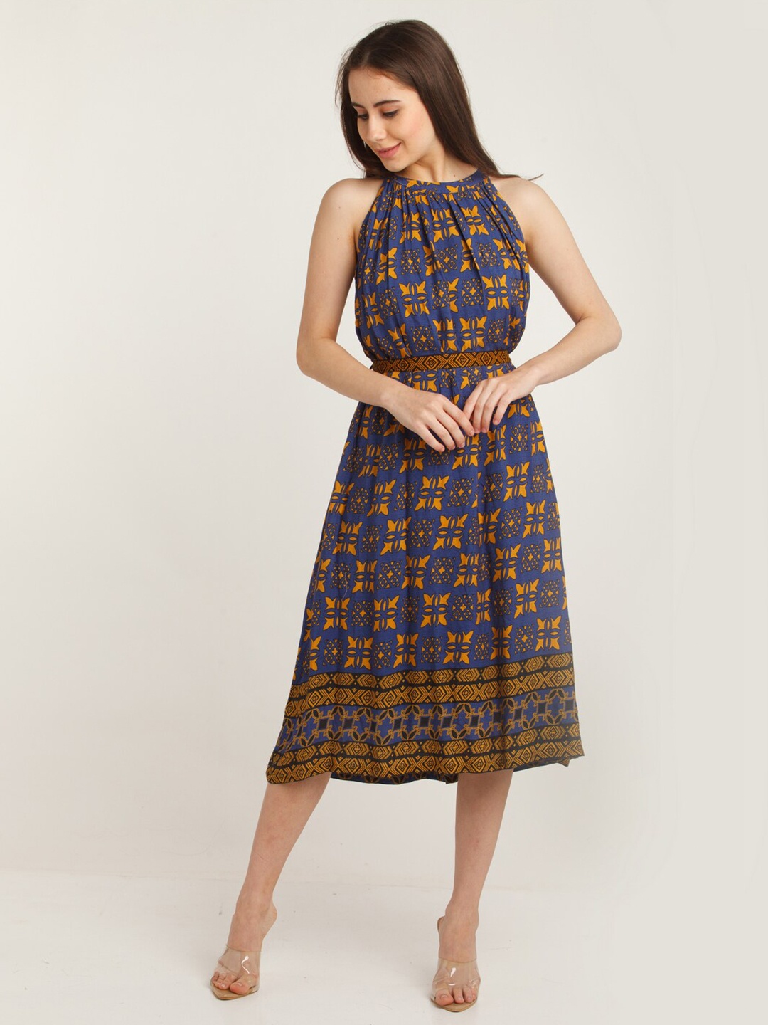 

Zink London Blue Printed Floral A-Line Midi Dress