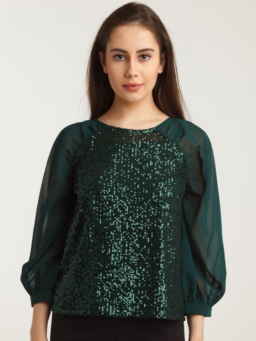 

Zink London Green Sequined Raglan Sleeves Top