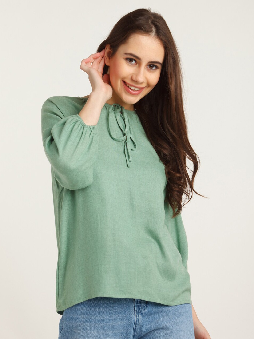 

Zink London Women Green Tie-Up Neck Raglan Sleeves Top