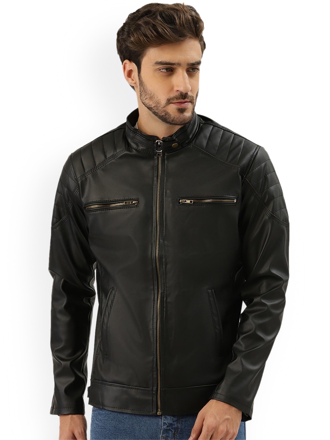 

Leather Retail Men Black Striped Outdoor Biker Jacket