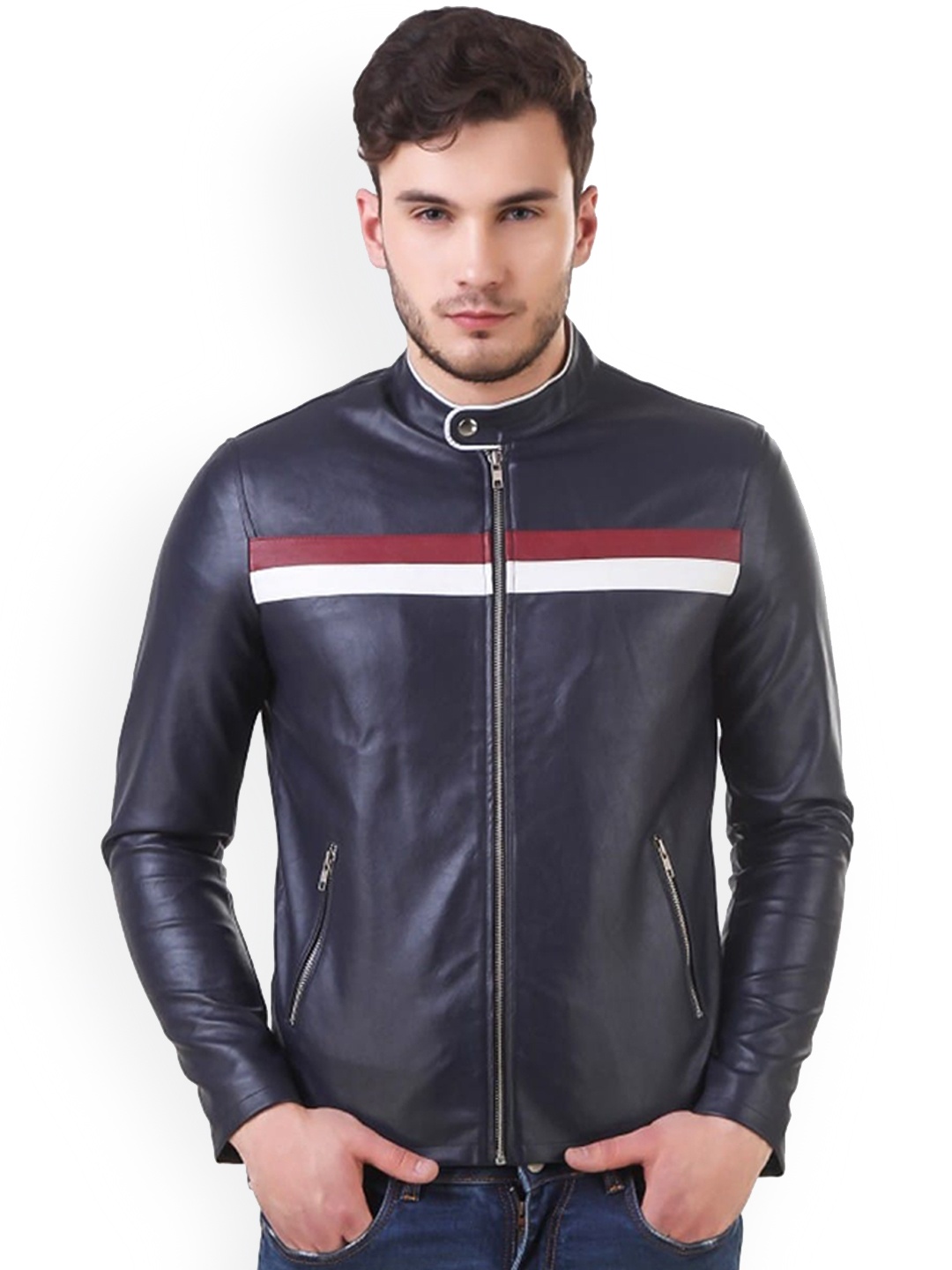 

Leather Retail Men Blue Striped Outdoor Biker Jacket