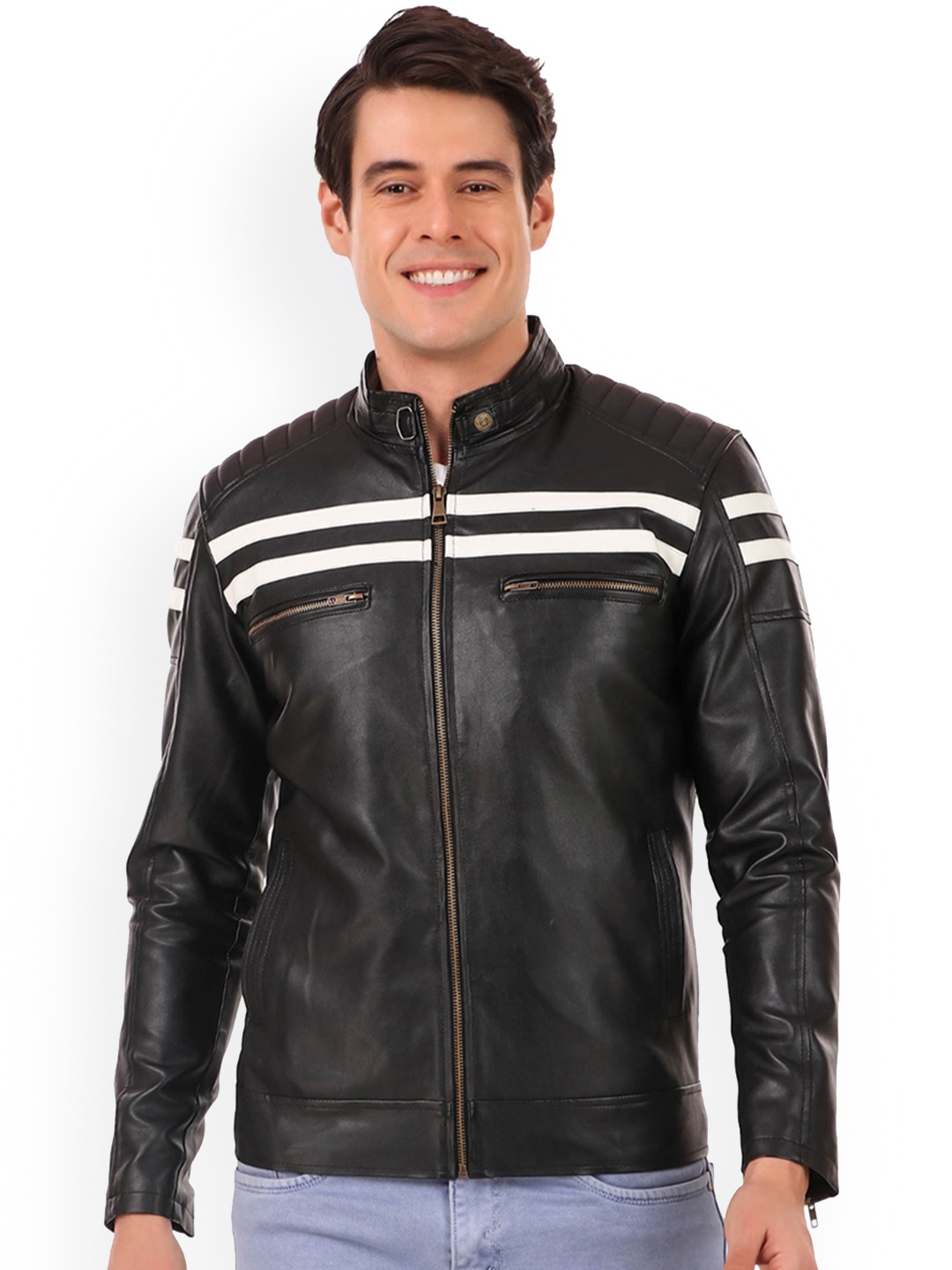 

Leather Retail Men Black Outdoor Biker Jacket with Patchwork
