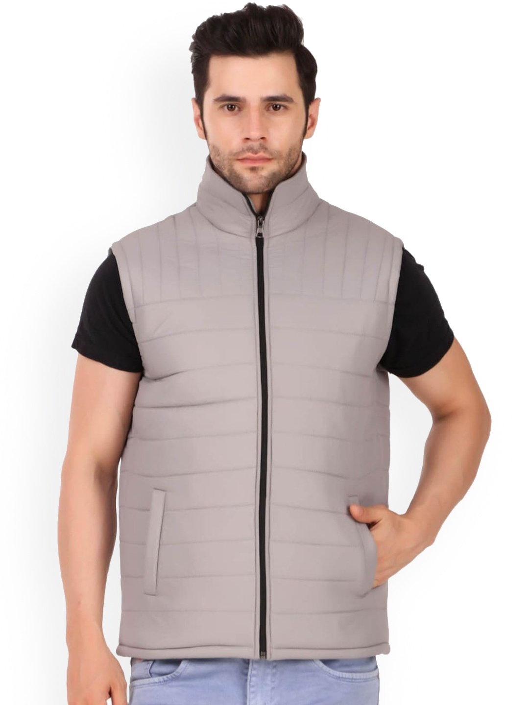 

Leather Retail Men Grey Lightweight Outdoor Bomber with Patchwork Jacket