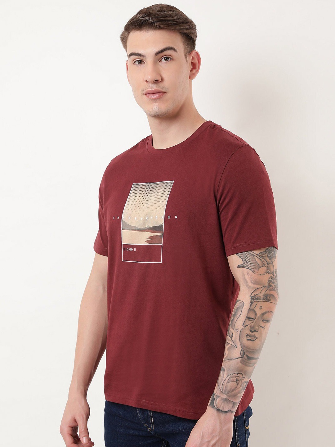 

Marks & Spencer Men Burgundy Printed Cotton T-shirt