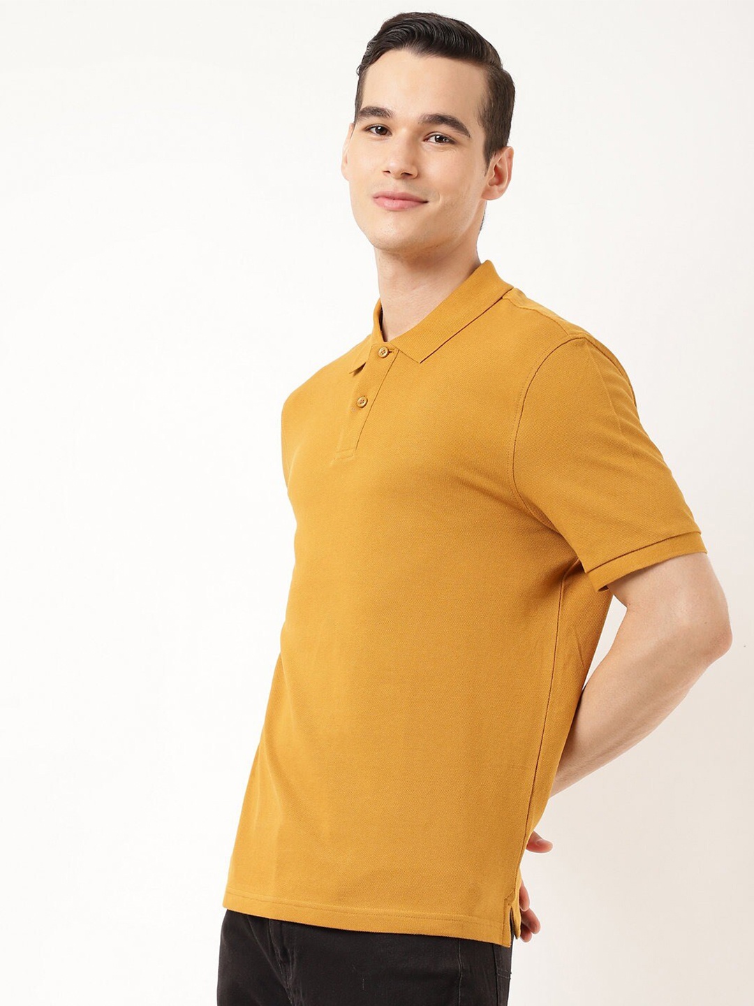 

Marks & Spencer Men Mustard Yellow Polo Collar Cotton T-shirt