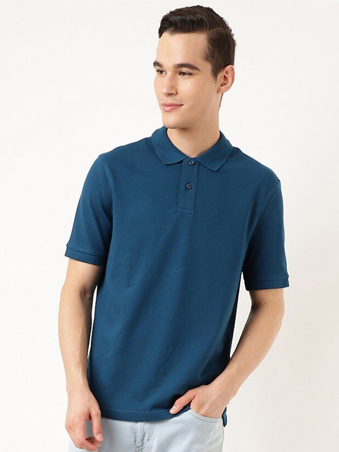 

Marks & Spencer Men Teal Polo Collar Cotton T-shirt