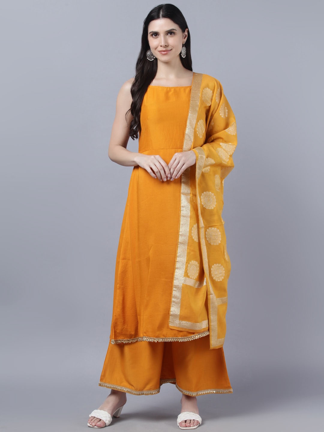 

Myshka Women Yellow Panelled Kurta with Palazzos & With Dupatta