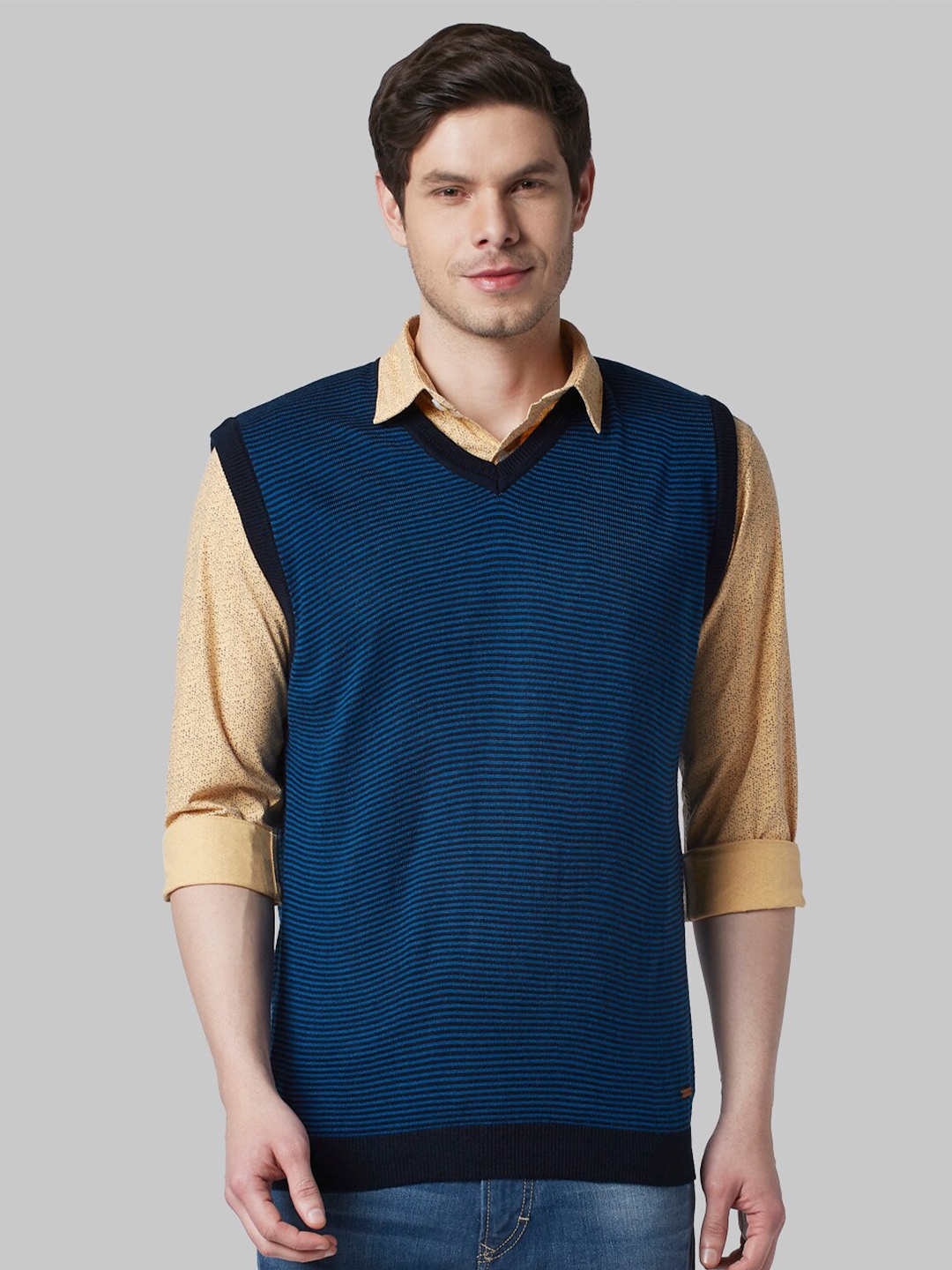 

Park Avenue Men Blue & Black Striped Sweater Vest