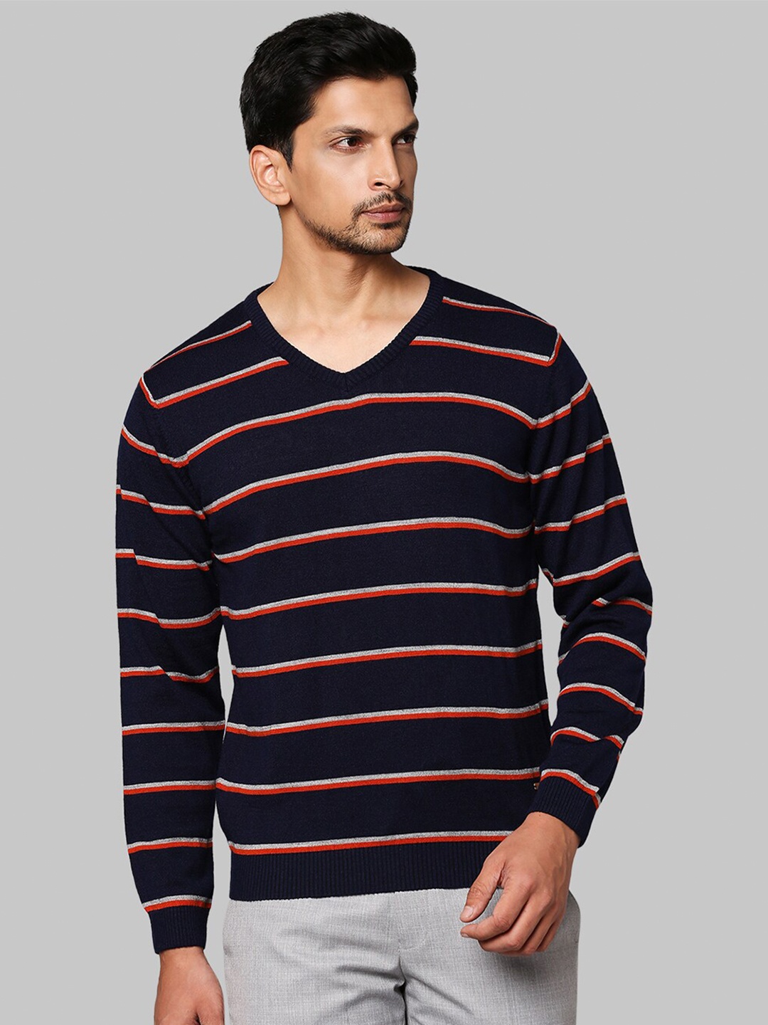 

Park Avenue Men Navy Blue & Pink Striped Pullover