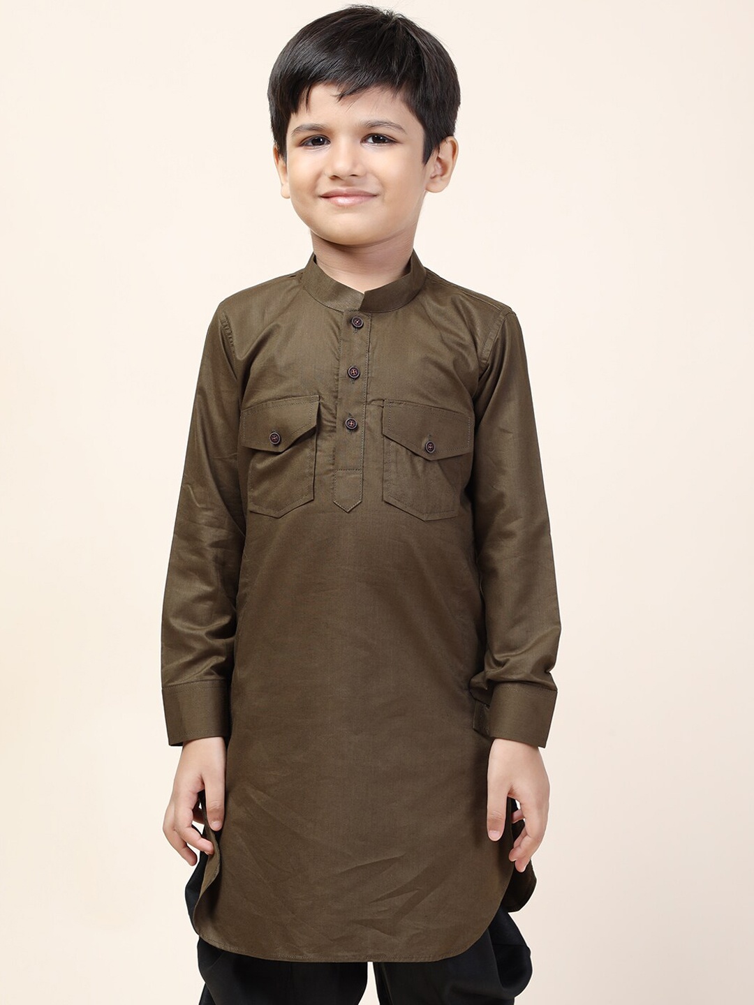 

NAMASKAR Boys Olive Green Thread Work Pathani Kurta