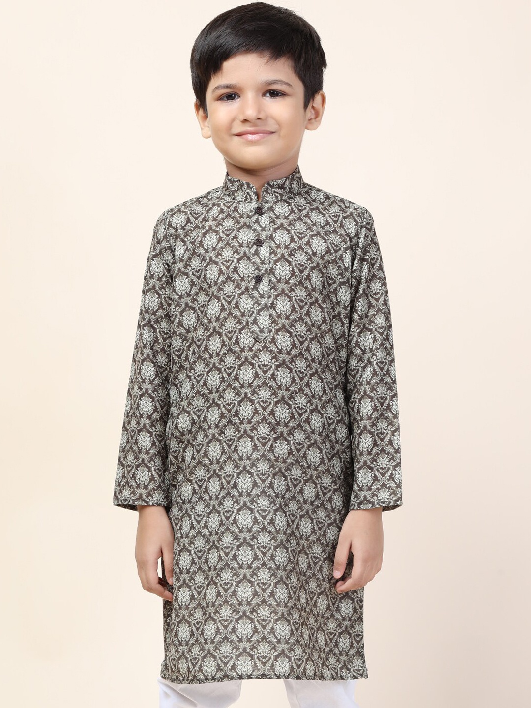 

NAMASKAR Boys Khaki Geometric Thread Work Kurta