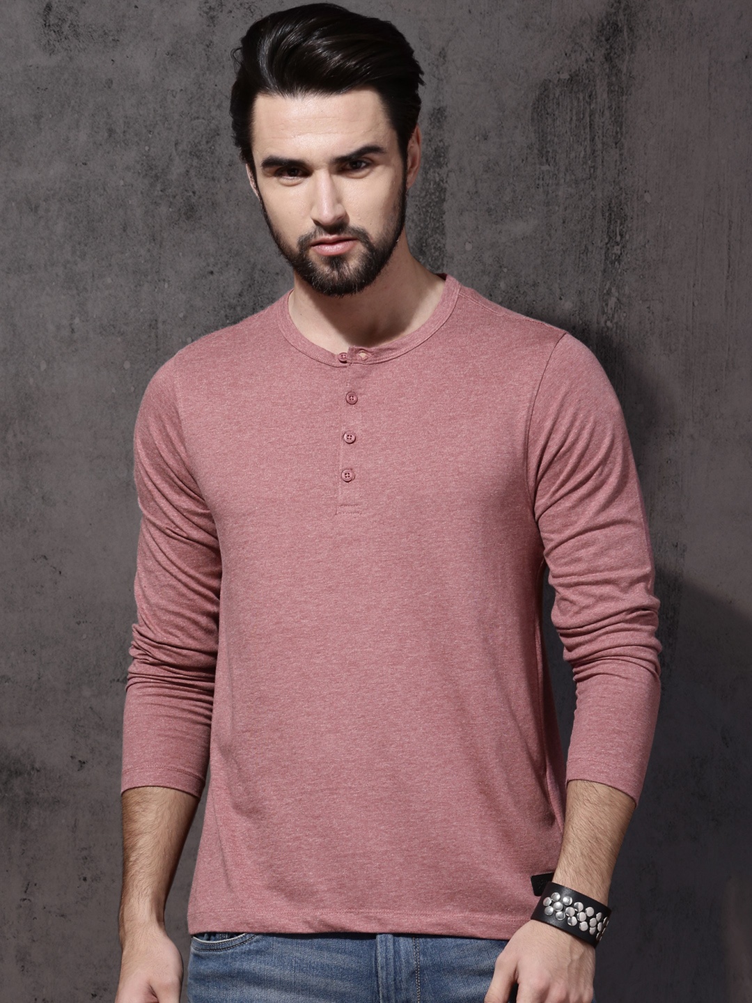 Roadster Men Pink Melange Solid Henley Neck T-shirt