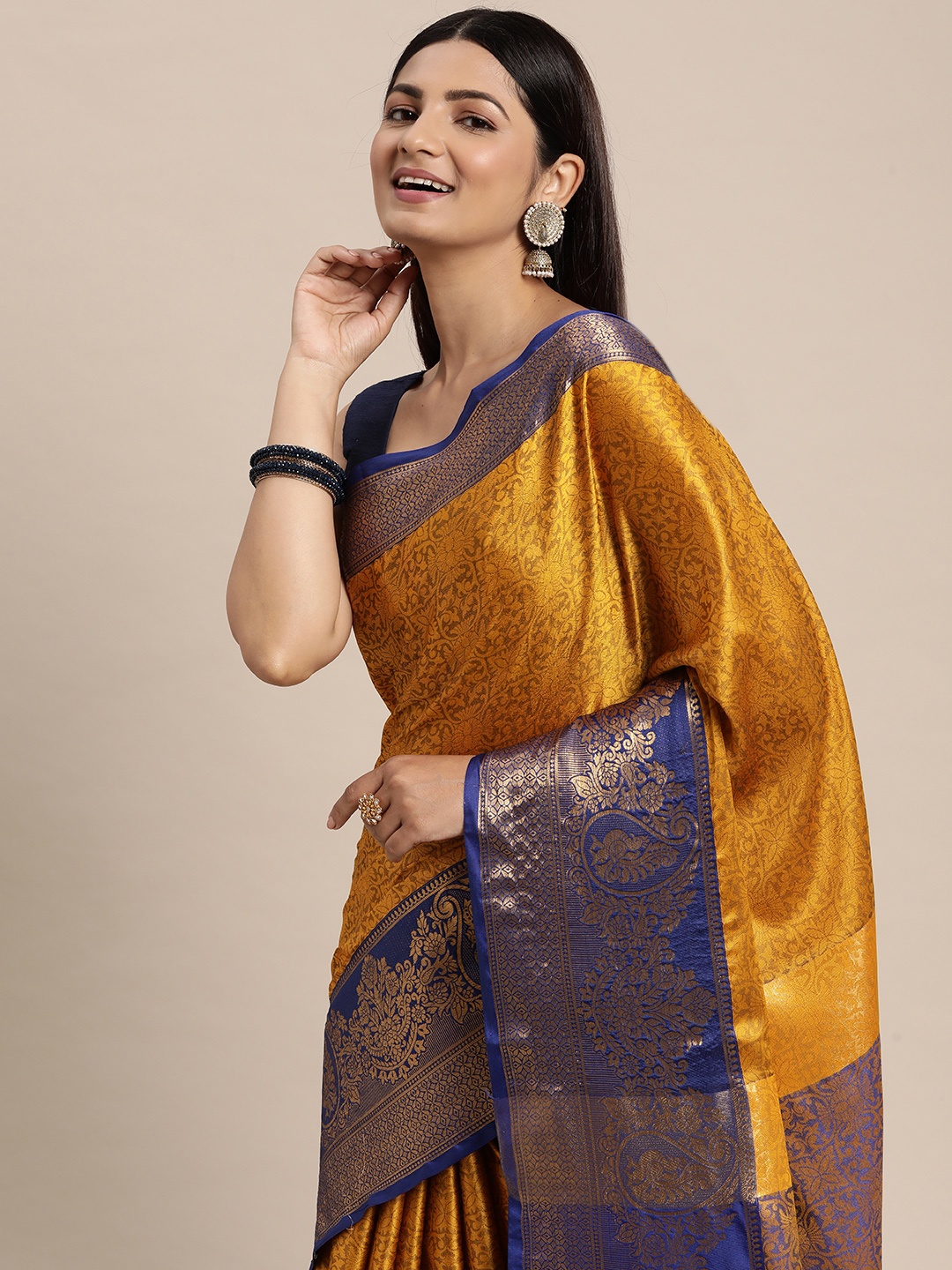 

FASHDEAL Mustard & Blue Floral Pure Cotton Jacquard Saree