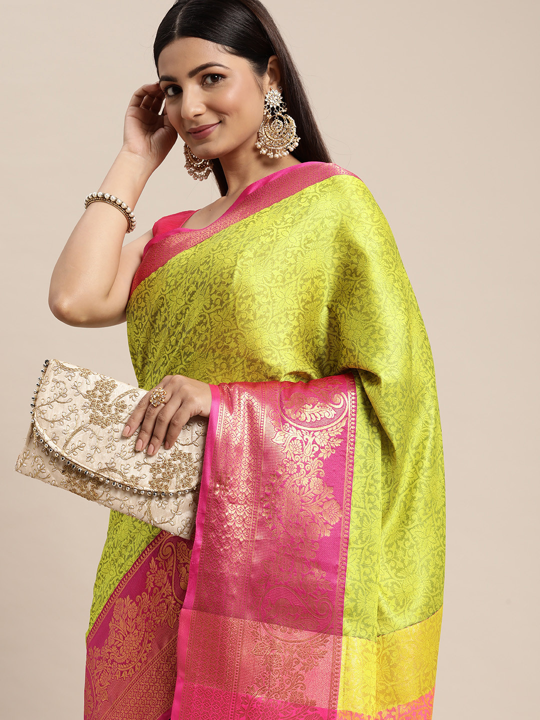 

FASHDEAL Floral Jacquard Woven Pure Cotton Saree, Lime green