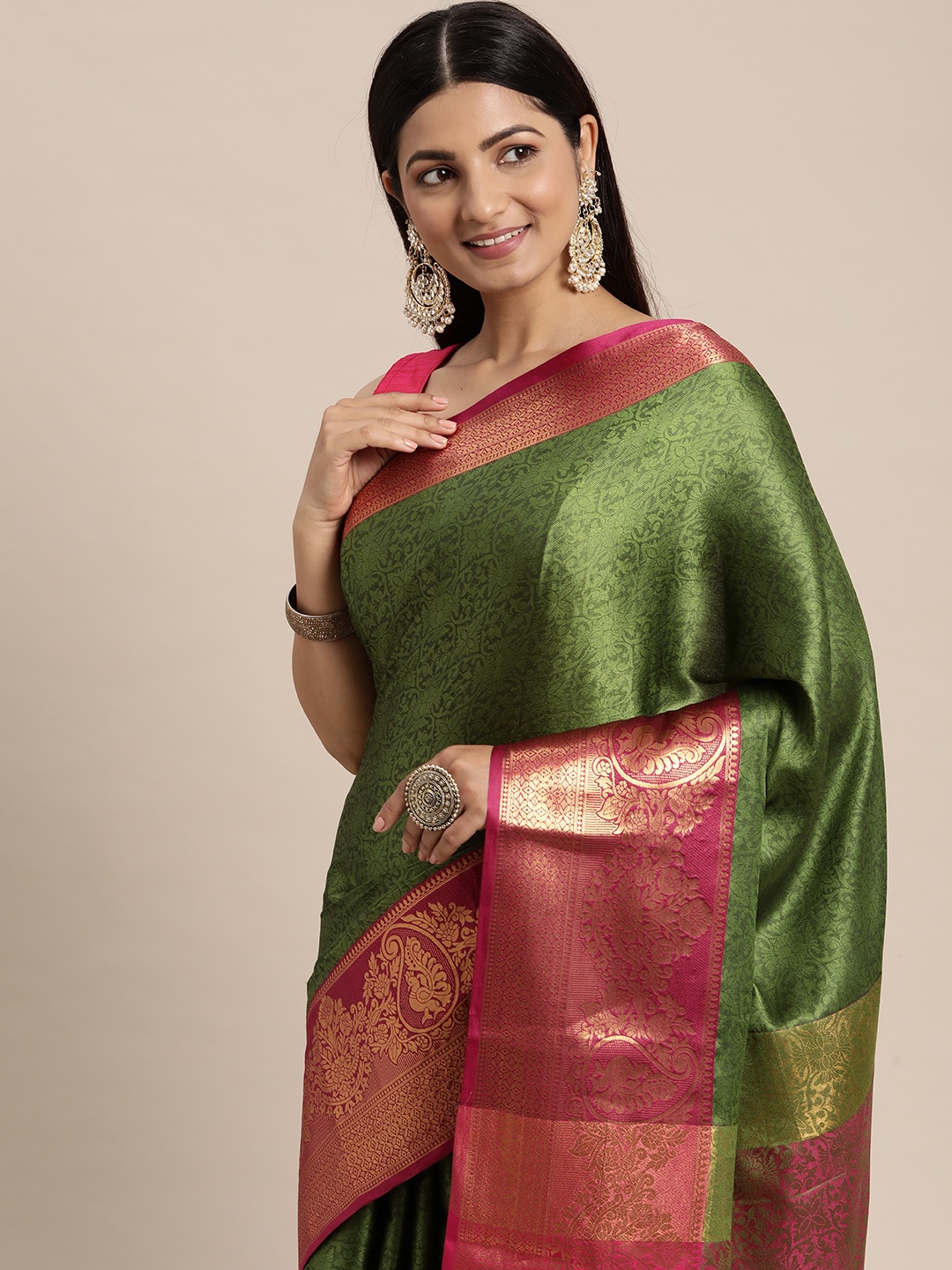 

FASHDEAL Green & Pink Floral Jacquard Woven Pure Cotton Saree