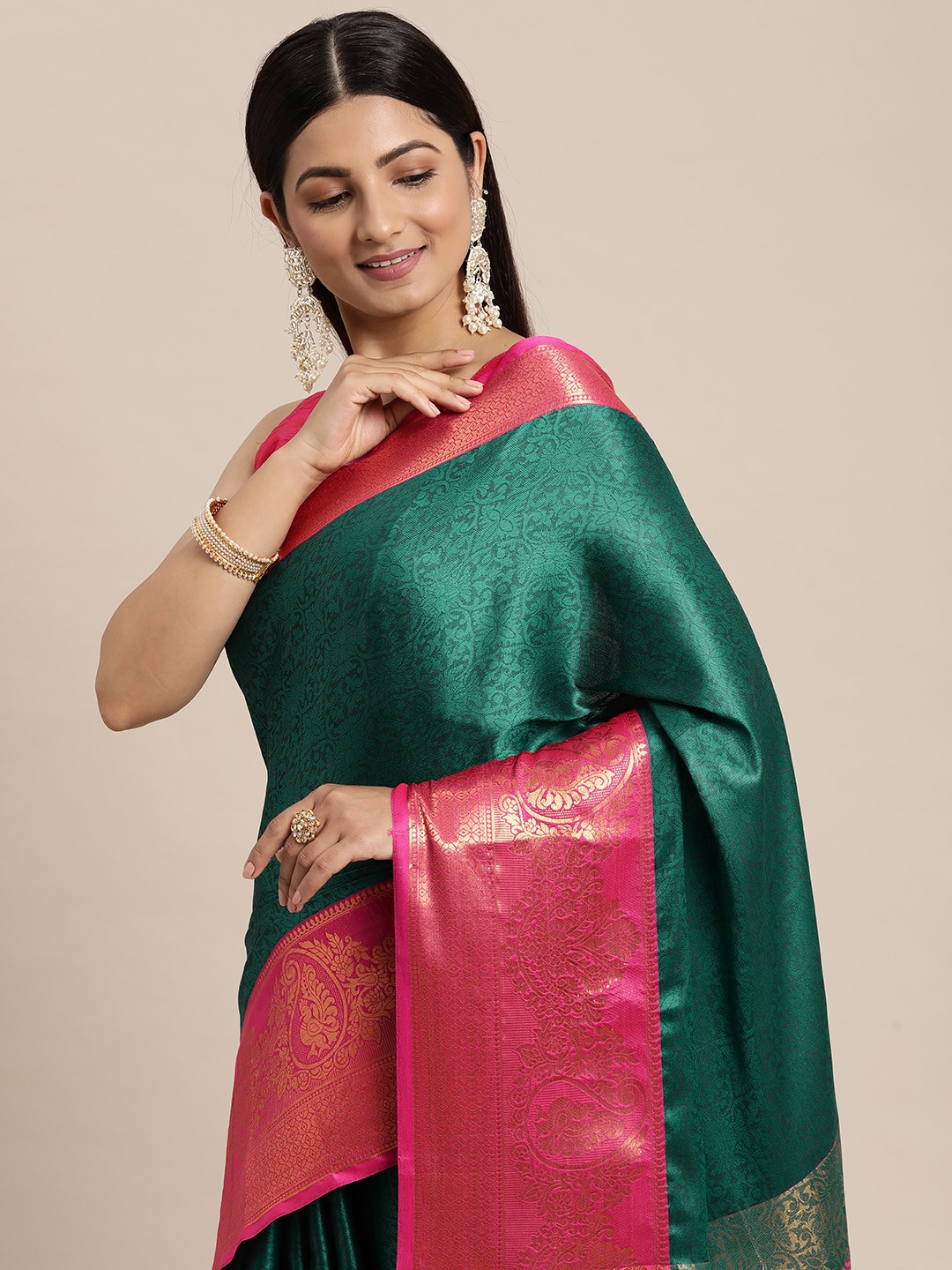 

FASHDEAL Floral Jacquard Woven Pure Cotton Saree, Teal