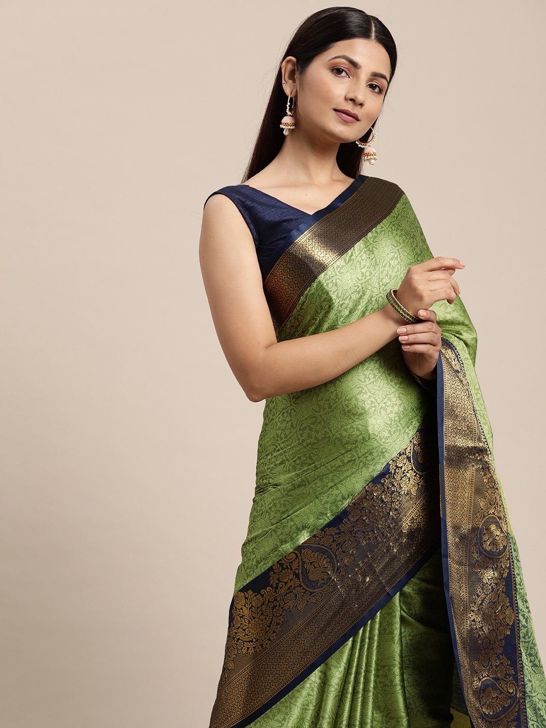 

FASHDEAL Green & Navy Blue Floral Jacquard Pure Cotton Saree