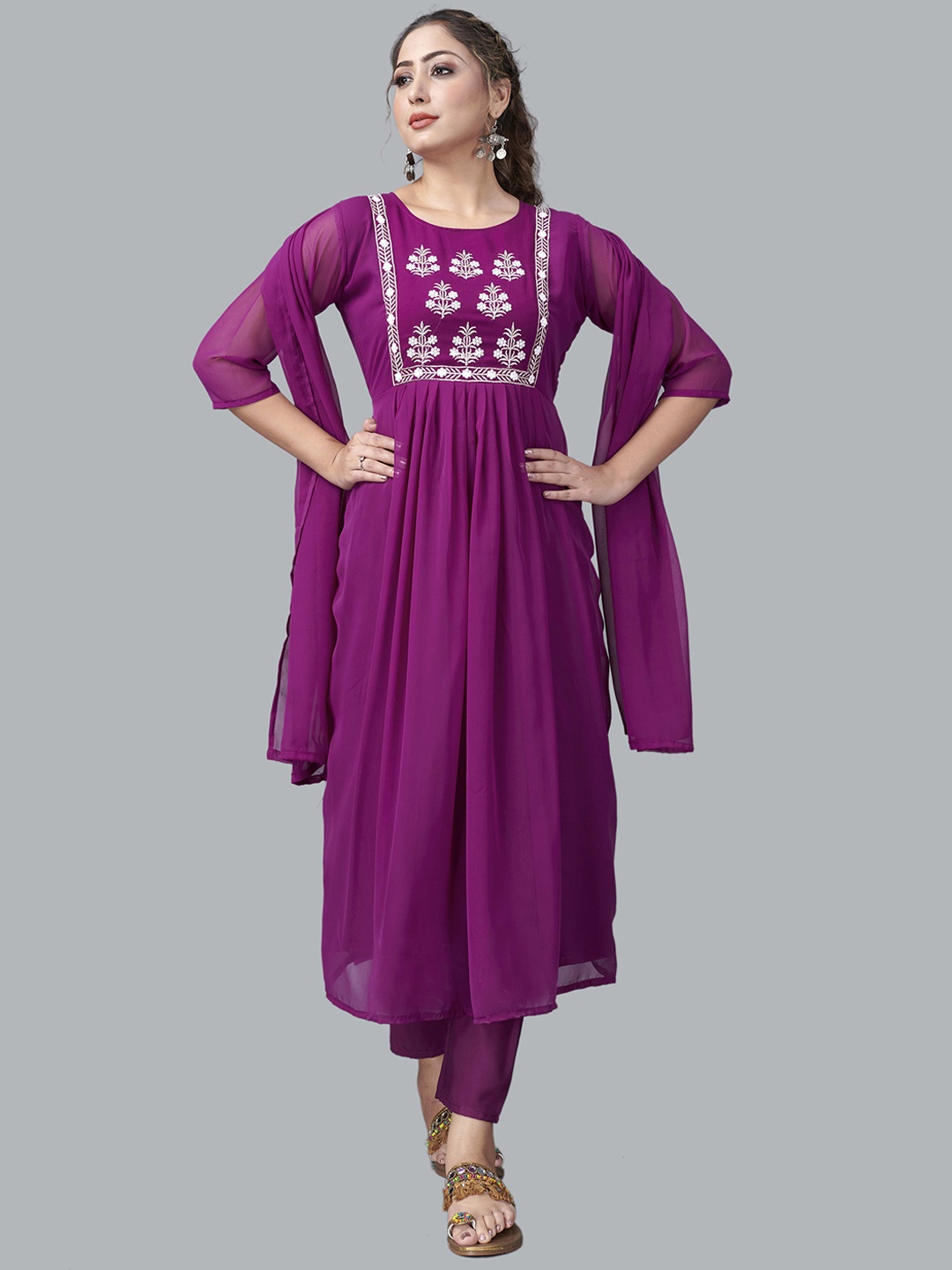 

Fashion FRICKS Women Purple Floral Embroidered Empire Kurta with Trousers & Dupatta