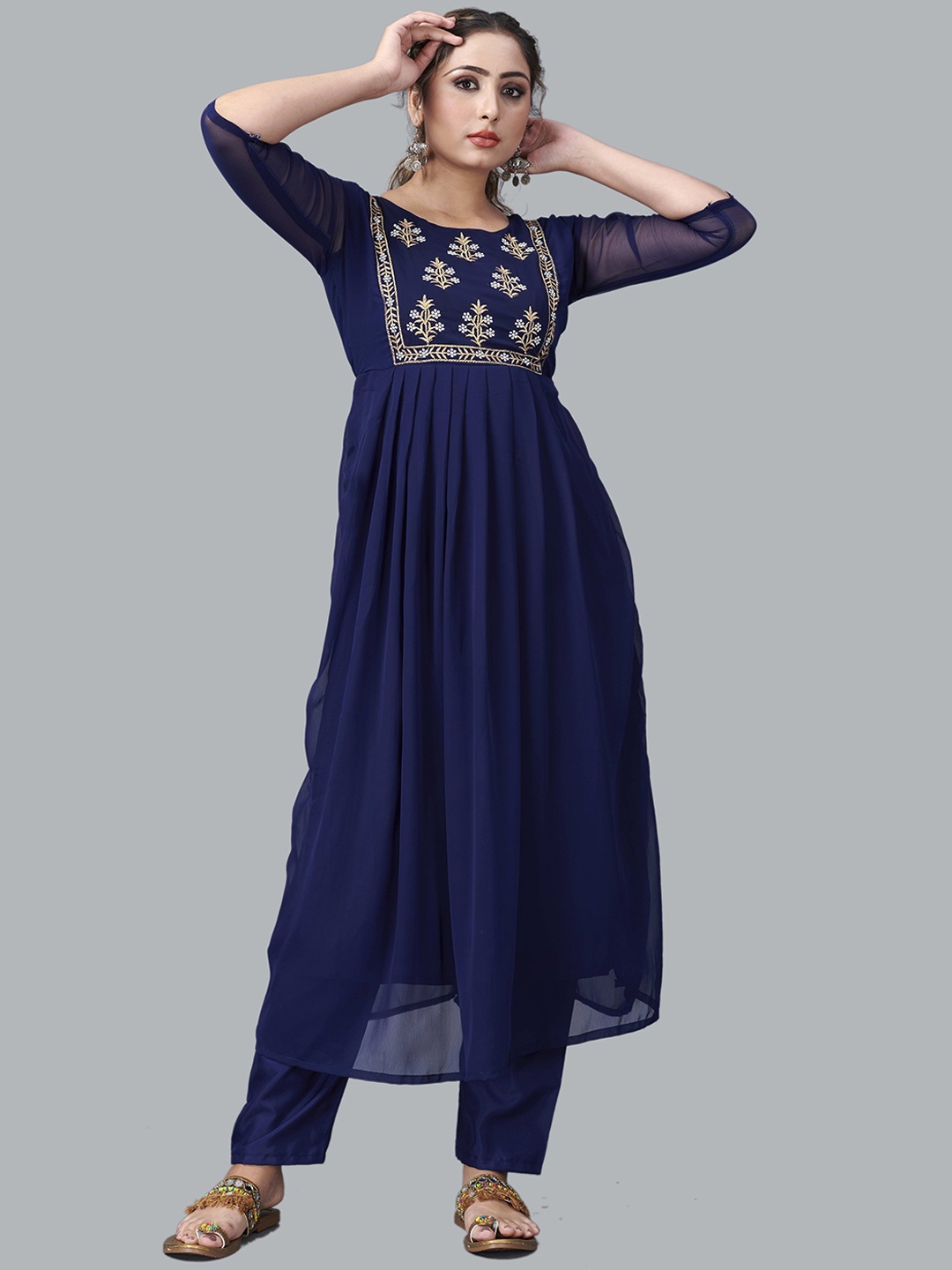 

Fashion FRICKS Women Navy Blue Yoke Design Empire Kurta with Trousers & Dupatta