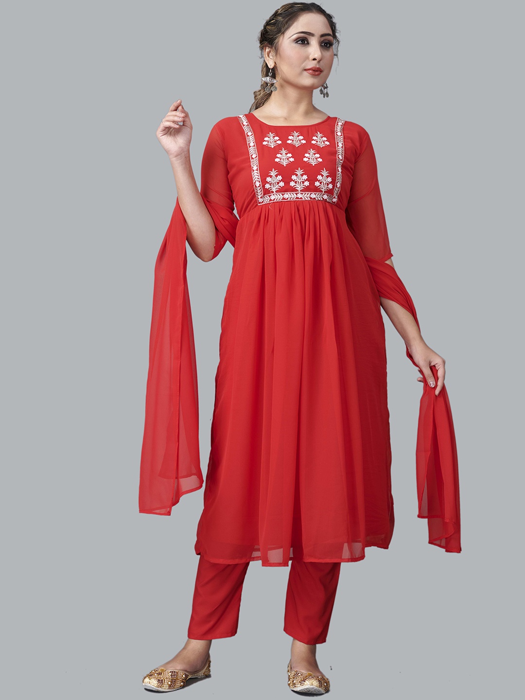

Fashion FRICKS Women Red Embroidered Pleated Kurta with Trousers & With Dupatta