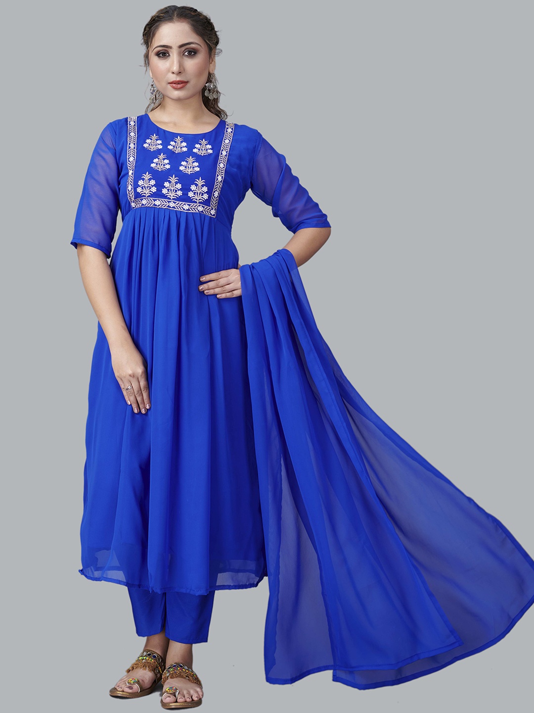 

Fashion FRICKS Women Blue Floral Yoke Design Empire Kurta with Trousers & Dupatta