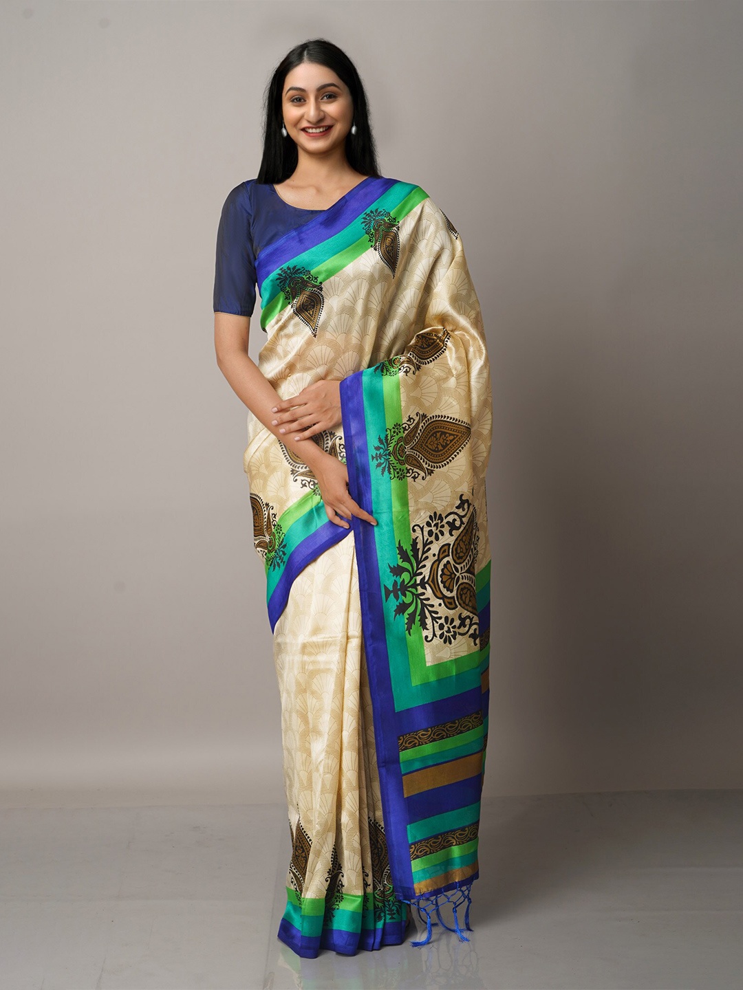 

Unnati Silks Cream-Coloured & Blue Ethnic Motifs Art Silk Block Print Saree