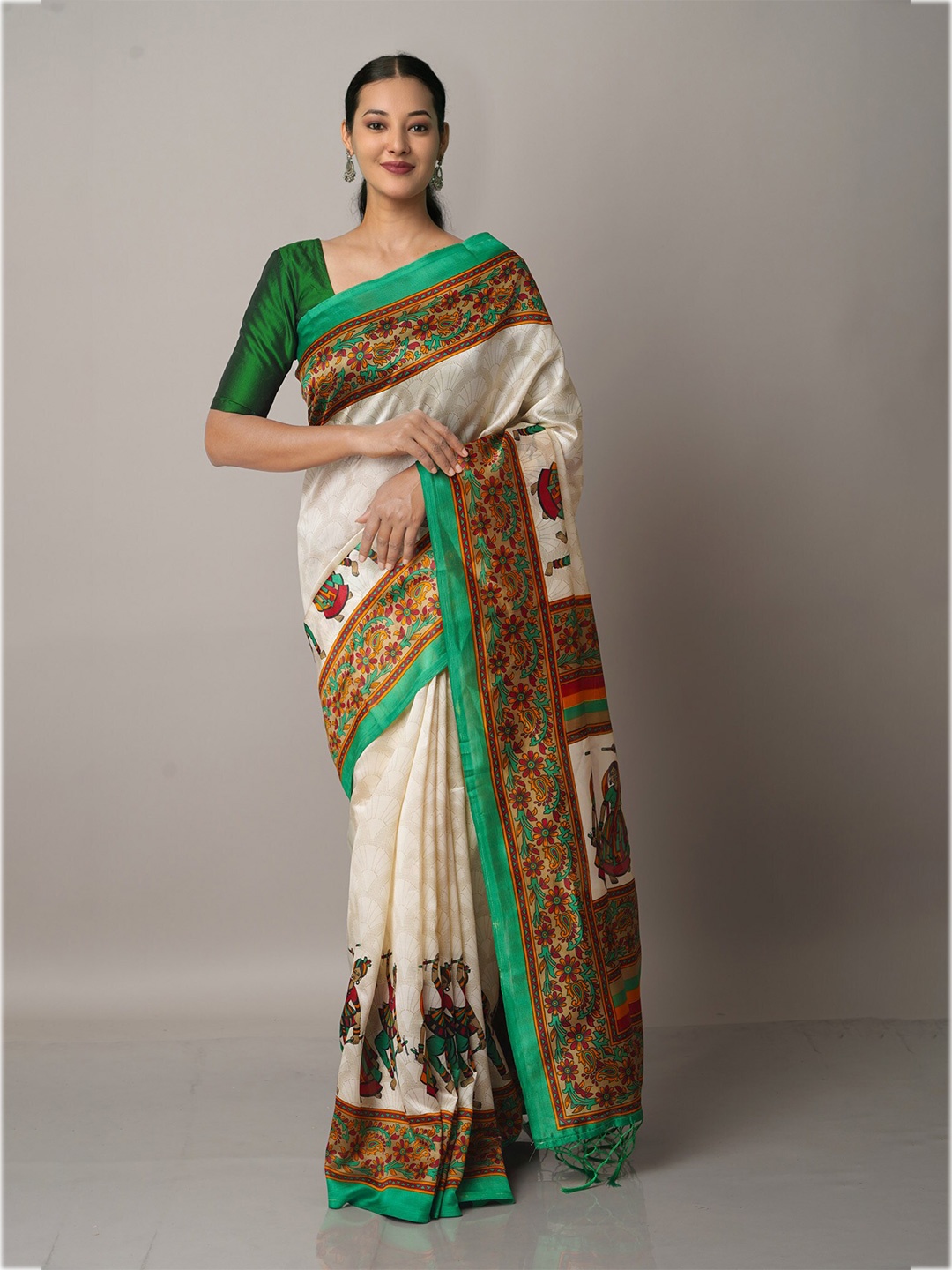 

Unnati Silks Cream-Coloured & Green Ethnic Motifs Art Silk Block Print Saree